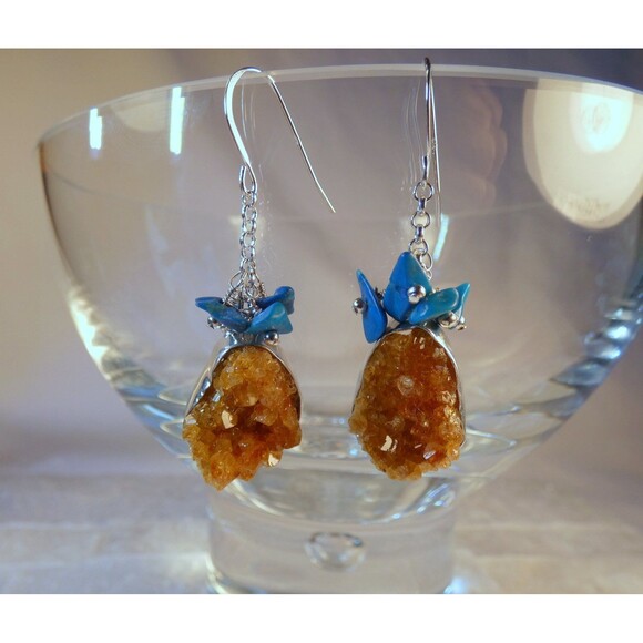 Bright Orange Citrine - Blue Arizona Turquoise Sterling Silver Earrings - Picture 6 of 9
